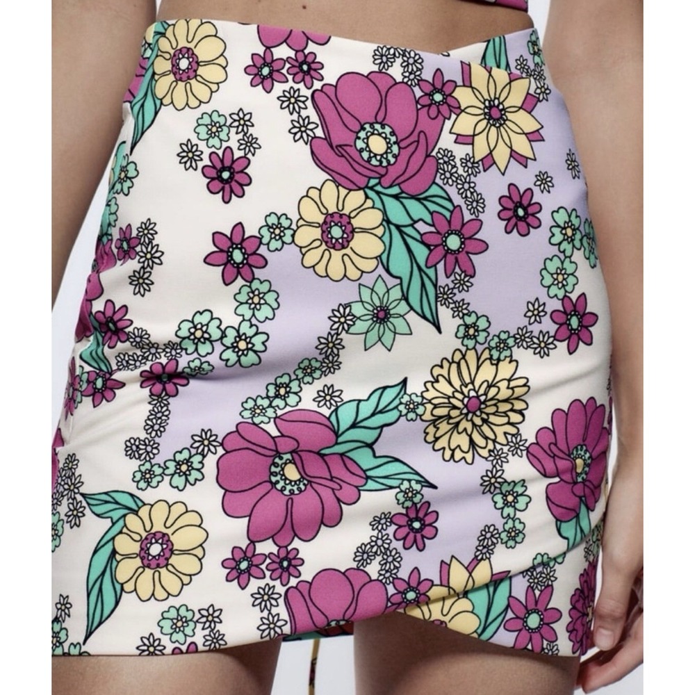ZARA New Floral Mini Skirt MEDIUM Multicolor Stretch Women’s 8342/008 ROMANIA - Picture 12 of 16